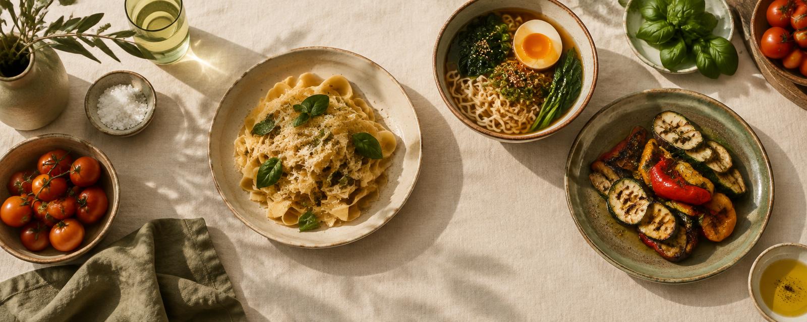 A calm table with pasta, ramen and grilled vegetables